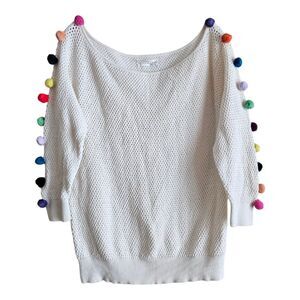 ANTHROPOLOGIE Women's S Sweater Cream with Multicolor Pom Poms Cotton Blend 34"
